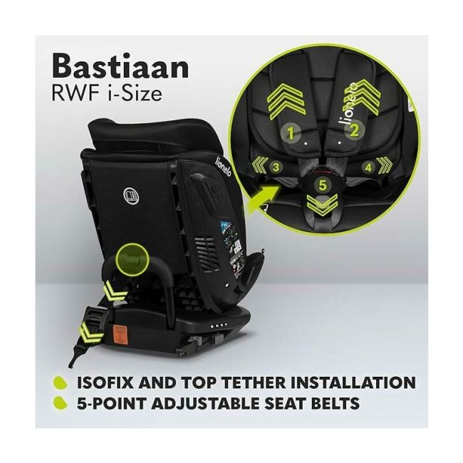 Lionelo - Scaun auto Bastiaan RWF i-Size, Pozitie de somn, Protectie laterala, Rotire 360 grade, 0-36 Kg, Cu Isofix si Centura Top Tether, Conform cu standardul european de securitate ECE R129, Negru BYNLO-BASTIAAN_RWF_ISIZE_BLACK_CARBON