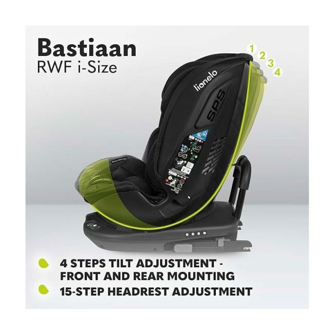 Lionelo - Scaun auto Bastiaan RWF i-Size, Pozitie de somn, Protectie laterala, Rotire 360 grade, 0-36 Kg, Cu Isofix si Centura Top Tether, Conform cu standardul european de securitate ECE R129, Negru BYNLO-BASTIAAN_RWF_ISIZE_BLACK_CARBON