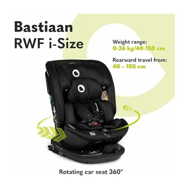 Lionelo - Scaun auto Bastiaan RWF i-Size, Pozitie de somn, Protectie laterala, Rotire 360 grade, 0-36 Kg, Cu Isofix si Centura Top Tether, Conform cu standardul european de securitate ECE R129, Negru BYNLO-BASTIAAN_RWF_ISIZE_BLACK_CARBON