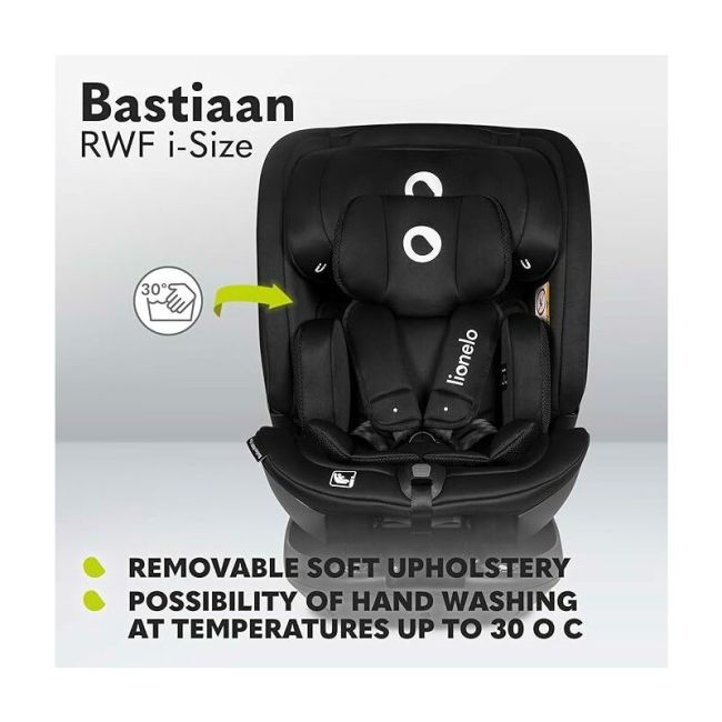 Lionelo - Scaun auto Bastiaan RWF i-Size, Pozitie de somn, Protectie laterala, Rotire 360 grade, 0-36 Kg, Cu Isofix si Centura Top Tether, Conform cu standardul european de securitate ECE R129, Negru BYNLO-BASTIAAN_RWF_ISIZE_BLACK_CARBON