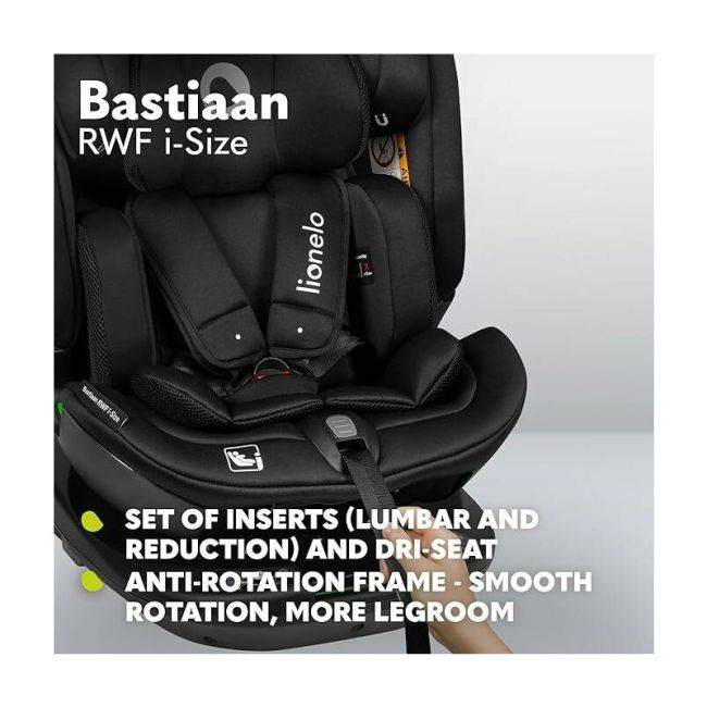 Lionelo - Scaun auto Bastiaan RWF i-Size, Pozitie de somn, Protectie laterala, Rotire 360 grade, 0-36 Kg, Cu Isofix si Centura Top Tether, Conform cu standardul european de securitate ECE R129, Negru BYNLO-BASTIAAN_RWF_ISIZE_BLACK_CARBON