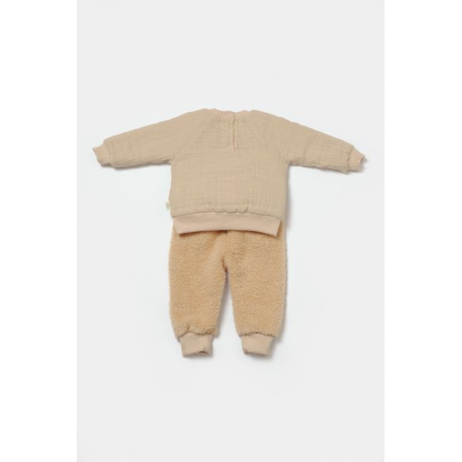 Set bluza cu buzunar si pantaloni Ursulet, Winter muselin, 100% bumbac dublat - Apricot, BabyCosy (Marime: 3-6 Luni) JEMBC-CSYM7032-3