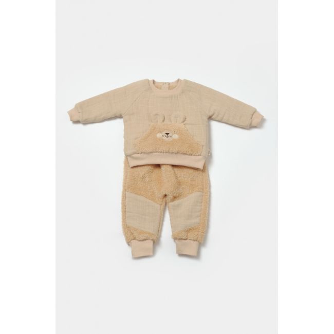 Set bluza cu buzunar si pantaloni Ursulet, Winter muselin, 100% bumbac dublat - Apricot, BabyCosy (Marime: 9-12 luni) JEMBC-CSYM7032-9