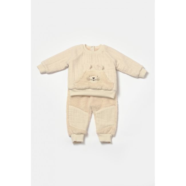 Set bluza cu buzunar si pantaloni Ursulet, Winter muselin, 100% bumbac dublat - Stone, BabyCosy (Marime: 9-12 luni) JEMBC-CSYM7030-9
