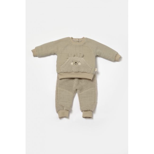 Set bluza cu buzunar si pantaloni Ursulet, Winter muselin, 100% bumbac dublat - Verde, BabyCosy (Marime: 12-18 Luni) JEMBC-CSYM7031-12