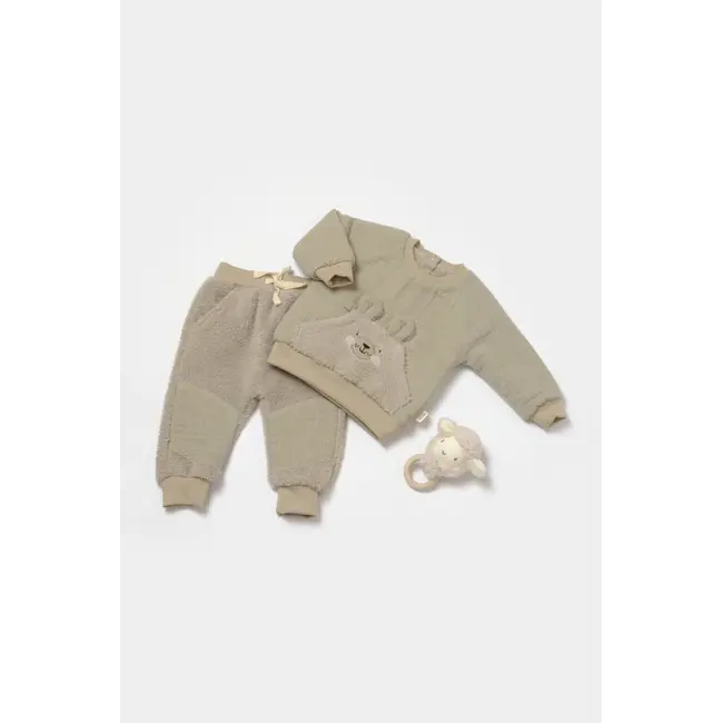Set bluza cu buzunar si pantaloni Ursulet, Winter muselin, 100% bumbac dublat - Verde, BabyCosy (Marime: 18-24 Luni) JEMBC-CSYM7031-18