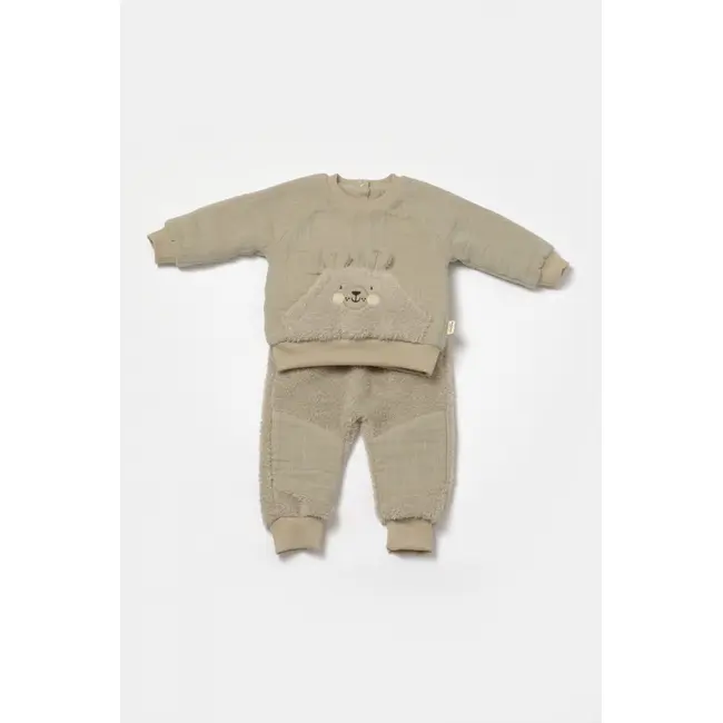 Set bluza cu buzunar si pantaloni Ursulet, Winter muselin, 100% bumbac dublat - Verde, BabyCosy (Marime: 9-12 luni) JEMBC-CSYM7031-9