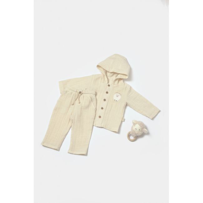 Set bluza cu gluga si pantaloni, Winter muselin, 100% bumbac - Stone, BabyCosy (Marime: 3-6 Luni) JEMBC-CSYM7033-3