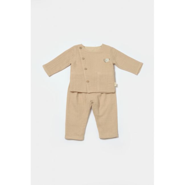 Set bluza cu nasturi si pantaloni , Winter muselin, 100% bumbac - Apricot, BabyCosy (Marime: 6-9 luni) JEMBC-CSYM7020-6