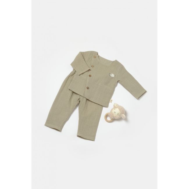 Set bluza cu nasturi si pantaloni , Winter muselin, 100% bumbac - Verde, BabyCosy (Marime: 6-9 luni) JEMBC-CSYM7019-6