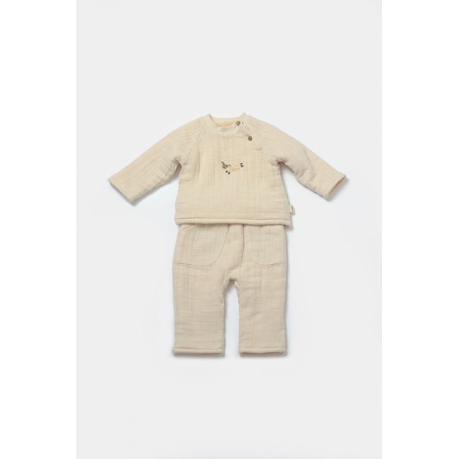 Set bluza dublata si pantaloni, Winter muselin, 100% bumbac - Stone, BabyCosy (Marime: 18-24 Luni) JEMBC-CSYM7021-18