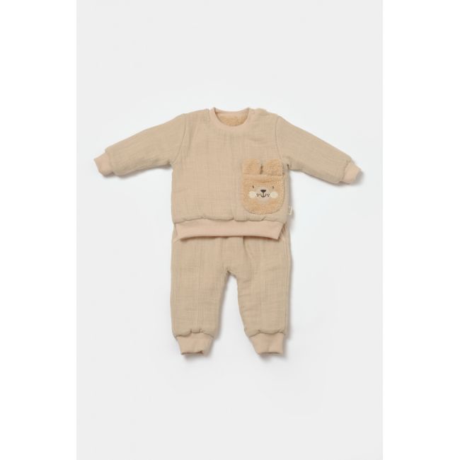 Set bluza dublata si pantaloni Ursulet, Winter muselin, 100% bumbac - Apricot, BabyCosy (Marime: 3-6 Luni) JEMBC-CSYM7029-3
