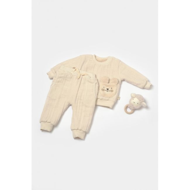 Set bluza dublata si pantaloni Ursulet, Winter muselin, 100% bumbac - Stone, BabyCosy (Marime: 6-9 luni) JEMBC-CSYM7027-6