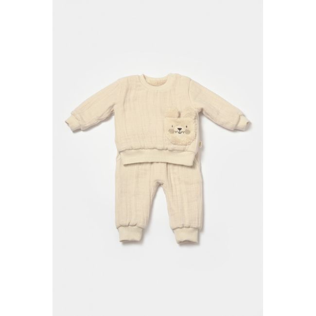 Set bluza dublata si pantaloni Ursulet, Winter muselin, 100% bumbac - Stone, BabyCosy (Marime: 9-12 luni) JEMBC-CSYM7027-9