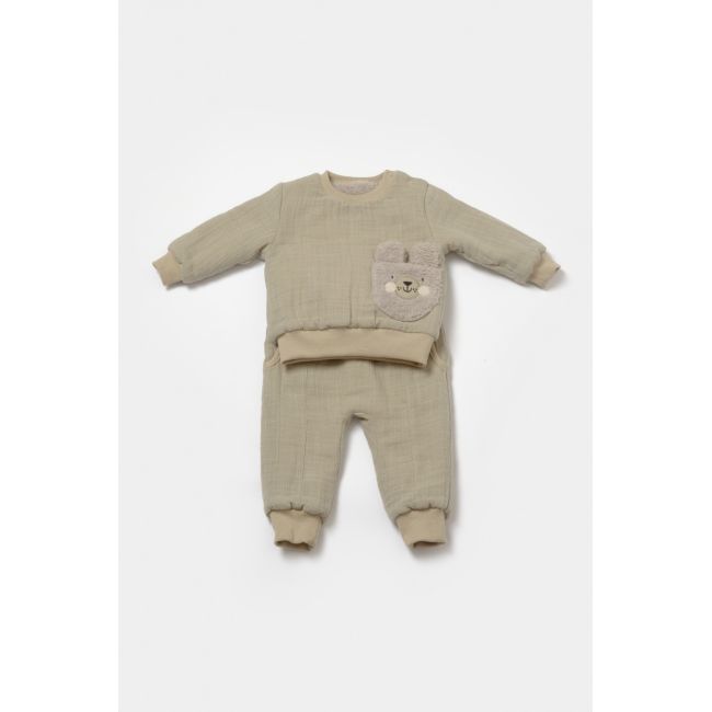 Set bluza dublata si pantaloni Ursulet, Winter muselin, 100% bumbac - Verde, BabyCosy (Marime: 12-18 Luni) JEMBC-CSYM7028-12