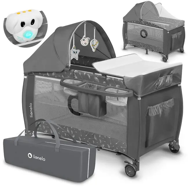 Lionelo - Patut pliant cu doua nivele Sven Plus, 120x60 cm, arcada jucarii, masuta de infasat, vibratii, melodii, conform cu standardele europeane de securitate EN716 si EN12221, Grey BYNLO-SVEN_PLUS_GREY_CONCRETE