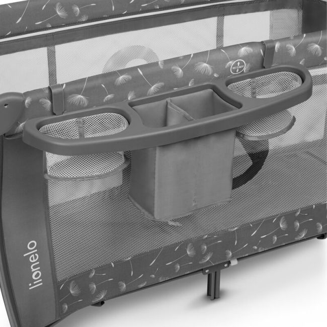 Lionelo - Patut pliant cu doua nivele Sven Plus, 120x60 cm, arcada jucarii, masuta de infasat, vibratii, melodii, conform cu standardele europeane de securitate EN716 si EN12221, Grey BYNLO-SVEN_PLUS_GREY_CONCRETE