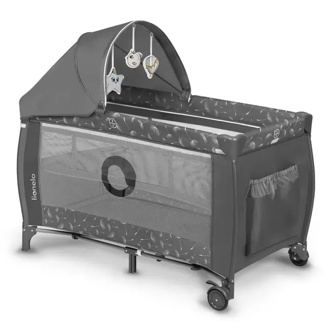 Lionelo - Patut pliant cu doua nivele Sven Plus, 120x60 cm, arcada jucarii, masuta de infasat, vibratii, melodii, conform cu standardele europeane de securitate EN716 si EN12221, Grey BYNLO-SVEN_PLUS_GREY_CONCRETE