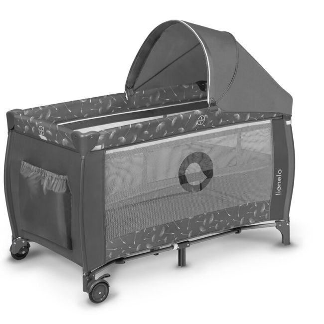 Lionelo - Patut pliant cu doua nivele Sven Plus, 120x60 cm, arcada jucarii, masuta de infasat, vibratii, melodii, conform cu standardele europeane de securitate EN716 si EN12221, Grey BYNLO-SVEN_PLUS_GREY_CONCRETE
