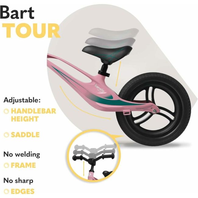 Lionelo - Bicicleta usoara Bart Tour, Fara pedale, Cu cadru din magneziu, Cu ghidon si sa reglabile, Greutate 3.8 Kg, 12 inch, Conform cu standardul european de securitate EN71, Pink Bubblegum BYNLOE-BART_TOUR_PINK_BUBBLEGUM