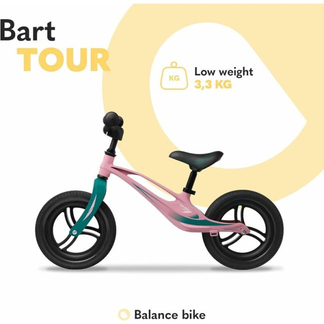 Lionelo - Bicicleta usoara Bart Tour, Fara pedale, Cu cadru din magneziu, Cu ghidon si sa reglabile, Greutate 3.8 Kg, 12 inch, Conform cu standardul european de securitate EN71, Pink Bubblegum BYNLOE-BART_TOUR_PINK_BUBBLEGUM
