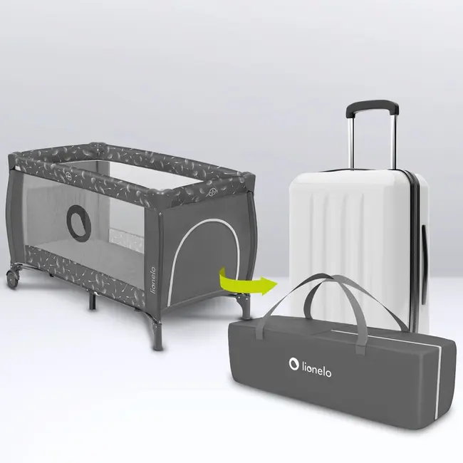 Lionelo - Patut pliant cu doua nivele Sven Plus, 120x60 cm, arcada jucarii, masuta de infasat, vibratii, melodii, conform cu standardele europeane de securitate EN716 si EN12221, Grey BYNLO-SVEN_PLUS_GREY_CONCRETE