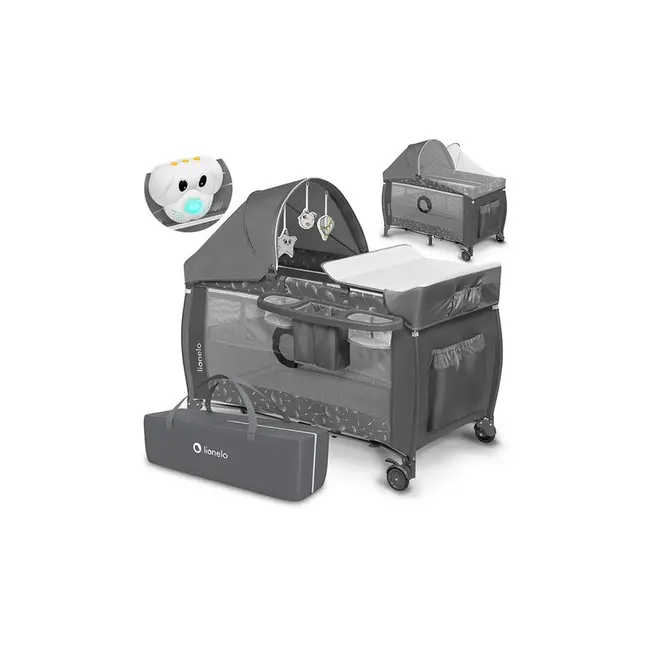 Lionelo - Patut pliant cu doua nivele Sven Plus, 120x60 cm, arcada jucarii, masuta de infasat, vibratii, melodii, conform cu standardele europeane de securitate EN716 si EN12221, Grey BYNLO-SVEN_PLUS_GREY_CONCRETE