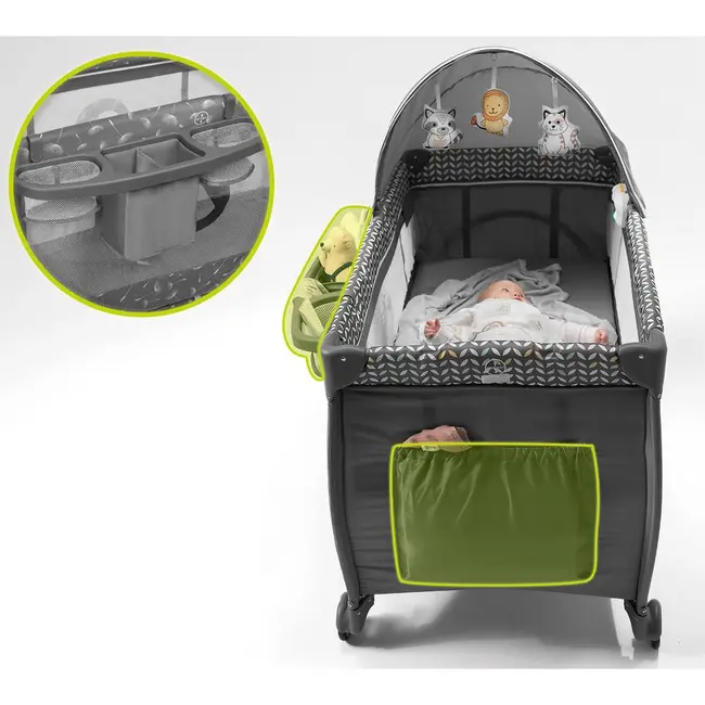 Lionelo - Patut pliant cu doua nivele Sven Plus, 120x60 cm, arcada jucarii, masuta de infasat, vibratii, melodii, conform cu standardele europeane de securitate EN716 si EN12221, Grey BYNLO-SVEN_PLUS_GREY_CONCRETE