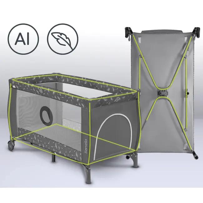 Lionelo - Patut pliant cu doua nivele Sven Plus, 120x60 cm, arcada jucarii, masuta de infasat, vibratii, melodii, conform cu standardele europeane de securitate EN716 si EN12221, Grey BYNLO-SVEN_PLUS_GREY_CONCRETE