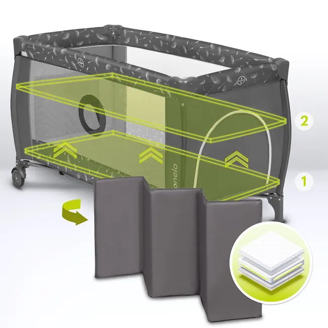 Lionelo - Patut pliant cu doua nivele Sven Plus, 120x60 cm, arcada jucarii, masuta de infasat, vibratii, melodii, conform cu standardele europeane de securitate EN716 si EN12221, Grey BYNLO-SVEN_PLUS_GREY_CONCRETE
