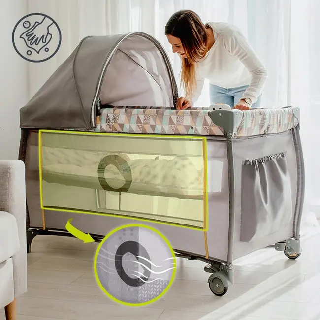 Lionelo - Patut pliant cu doua nivele Sven Plus, 120x60 cm, arcada jucarii, masuta de infasat, vibratii, melodii, conform cu standardele europeane de securitate EN716 si EN12221, Grey BYNLO-SVEN_PLUS_GREY_CONCRETE
