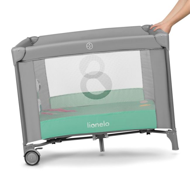 Lionelo - Tarc de joaca, Pliabil, Include covor educational incorporat cu 4 jucarii Velcro si geanta de transport, Cu roti si inchidere laterala, Saltea din spuma, 100x100 cm, Verde BYNLO-MILLE_GREY_GREEN