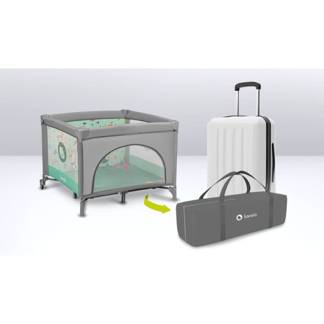 Lionelo - Tarc de joaca, Pliabil, Include covor educational incorporat cu 4 jucarii Velcro si geanta de transport, Cu roti si inchidere laterala, Saltea din spuma, 100x100 cm, Verde BYNLO-MILLE_GREY_GREEN