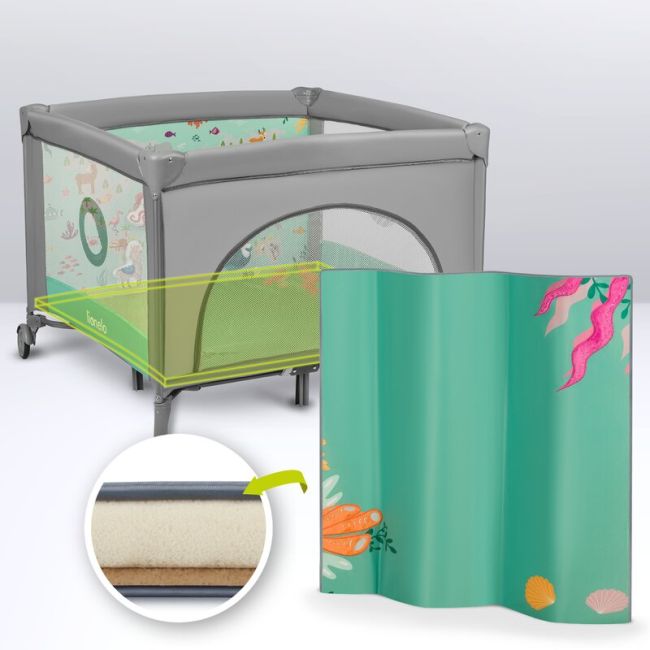 Lionelo - Tarc de joaca, Pliabil, Include covor educational incorporat cu 4 jucarii Velcro si geanta de transport, Cu roti si inchidere laterala, Saltea din spuma, 100x100 cm, Verde BYNLO-MILLE_GREY_GREEN