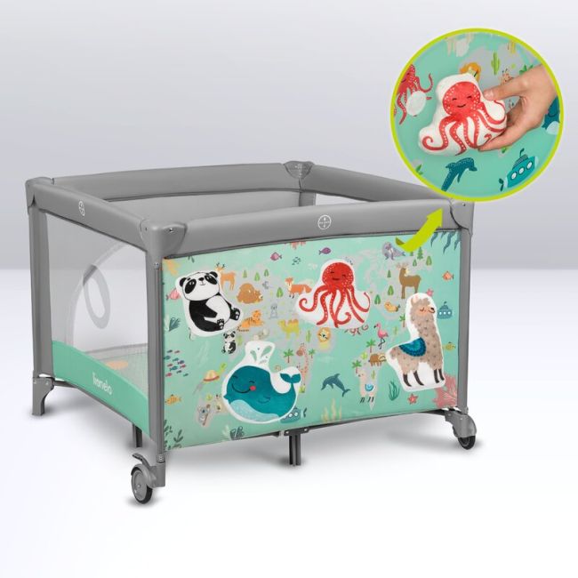 Lionelo - Tarc de joaca, Pliabil, Include covor educational incorporat cu 4 jucarii Velcro si geanta de transport, Cu roti si inchidere laterala, Saltea din spuma, 100x100 cm, Verde BYNLO-MILLE_GREY_GREEN
