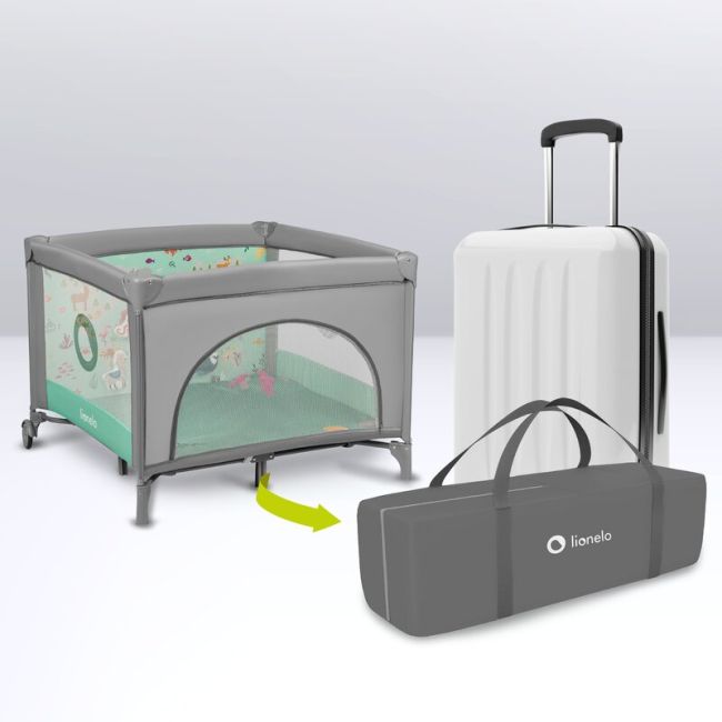 Lionelo - Tarc de joaca, Pliabil, Include covor educational incorporat cu 4 jucarii Velcro si geanta de transport, Cu roti si inchidere laterala, Saltea din spuma, 100x100 cm, Verde BYNLO-MILLE_GREY_GREEN