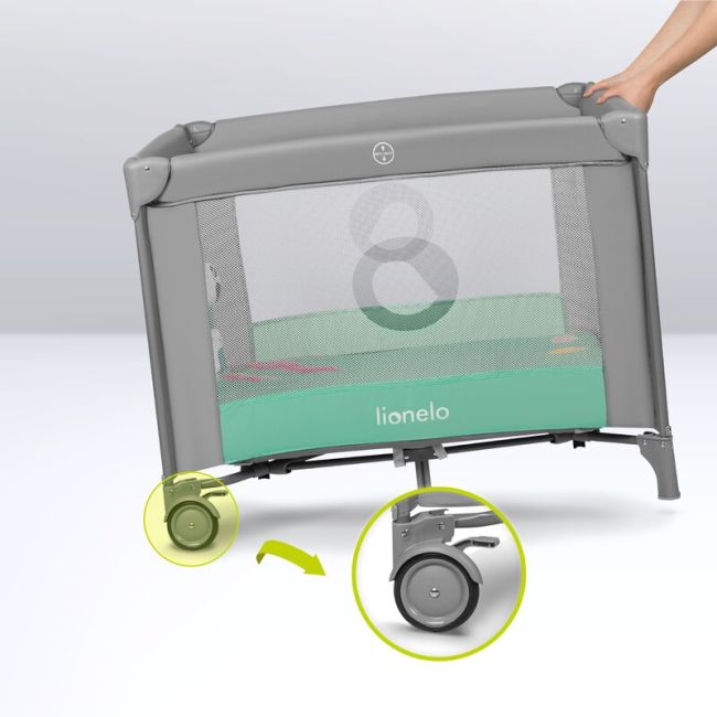 Lionelo - Tarc de joaca, Pliabil, Include covor educational incorporat cu 4 jucarii Velcro si geanta de transport, Cu roti si inchidere laterala, Saltea din spuma, 100x100 cm, Verde BYNLO-MILLE_GREY_GREEN