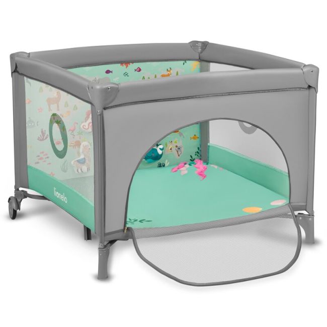 Lionelo - Tarc de joaca, Pliabil, Include covor educational incorporat cu 4 jucarii Velcro si geanta de transport, Cu roti si inchidere laterala, Saltea din spuma, 100x100 cm, Verde BYNLO-MILLE_GREY_GREEN