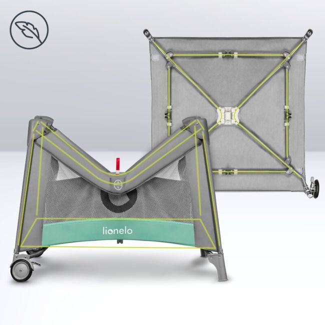 Lionelo - Tarc de joaca, Pliabil, Include covor educational incorporat cu 4 jucarii Velcro si geanta de transport, Cu roti si inchidere laterala, Saltea din spuma, 100x100 cm, Verde BYNLO-MILLE_GREY_GREEN