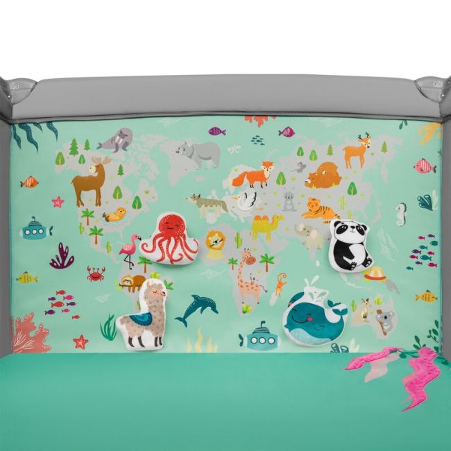 Lionelo - Tarc de joaca, Pliabil, Include covor educational incorporat cu 4 jucarii Velcro si geanta de transport, Cu roti si inchidere laterala, Saltea din spuma, 100x100 cm, Verde BYNLO-MILLE_GREY_GREEN