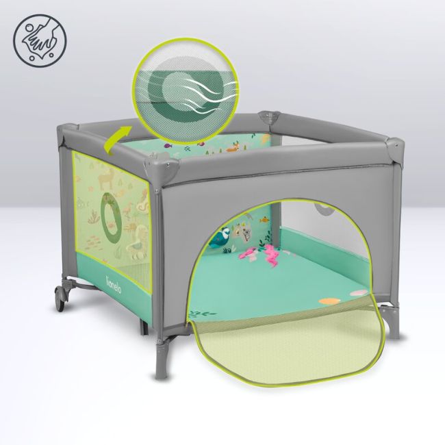 Lionelo - Tarc de joaca, Pliabil, Include covor educational incorporat cu 4 jucarii Velcro si geanta de transport, Cu roti si inchidere laterala, Saltea din spuma, 100x100 cm, Verde BYNLO-MILLE_GREY_GREEN