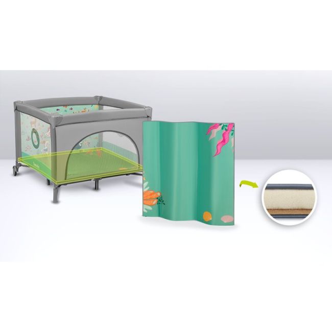 Lionelo - Tarc de joaca, Pliabil, Include covor educational incorporat cu 4 jucarii Velcro si geanta de transport, Cu roti si inchidere laterala, Saltea din spuma, 100x100 cm, Verde BYNLO-MILLE_GREY_GREEN
