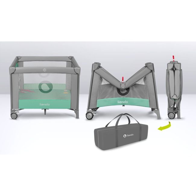 Lionelo - Tarc de joaca, Pliabil, Include covor educational incorporat cu 4 jucarii Velcro si geanta de transport, Cu roti si inchidere laterala, Saltea din spuma, 100x100 cm, Verde BYNLO-MILLE_GREY_GREEN