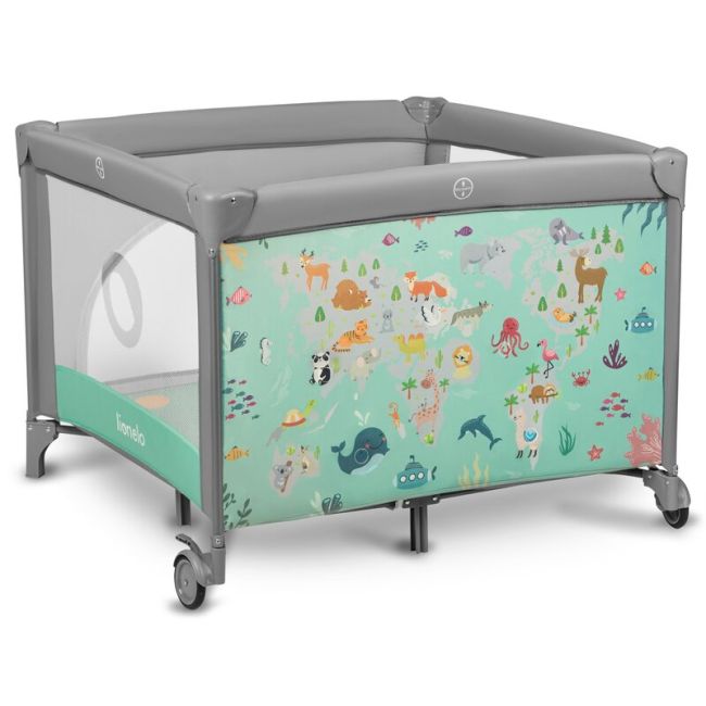 Lionelo - Tarc de joaca, Pliabil, Include covor educational incorporat cu 4 jucarii Velcro si geanta de transport, Cu roti si inchidere laterala, Saltea din spuma, 100x100 cm, Verde BYNLO-MILLE_GREY_GREEN