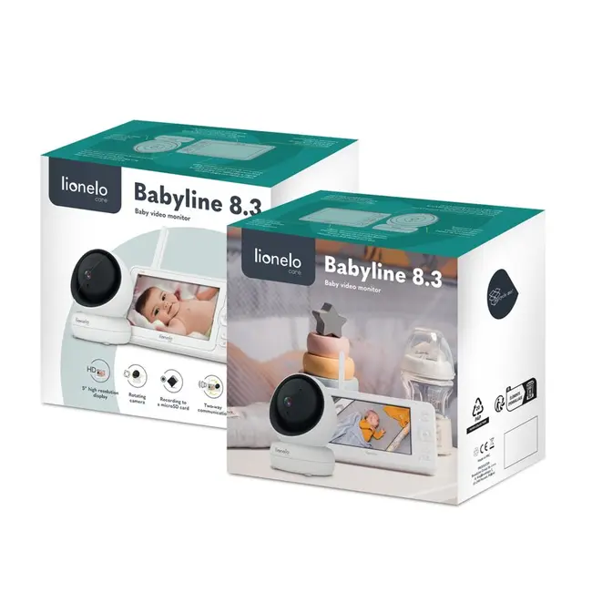 Lionelo - Videofon Babyline 8.3, Cu termometru, Cu melodii, Comunicare in 2 sensuri, Rotire 360 grade, Alb BYNLOC-BABYLINE_8.3_WHITE