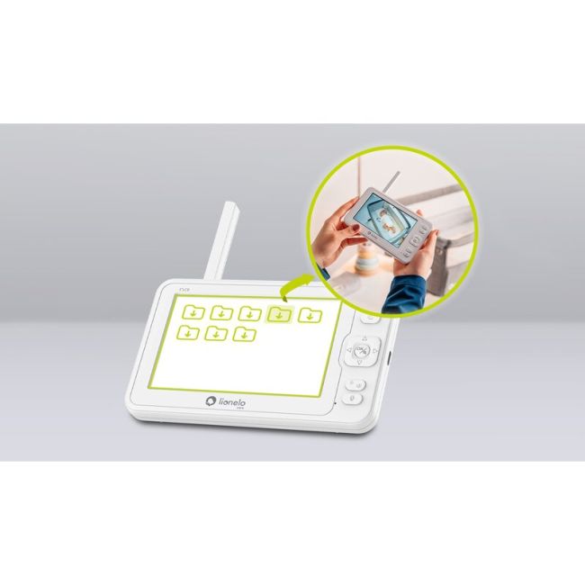 Lionelo - Videofon Babyline 8.3, Cu termometru, Cu melodii, Comunicare in 2 sensuri, Rotire 360 grade, Alb BYNLOC-BABYLINE_8.3_WHITE