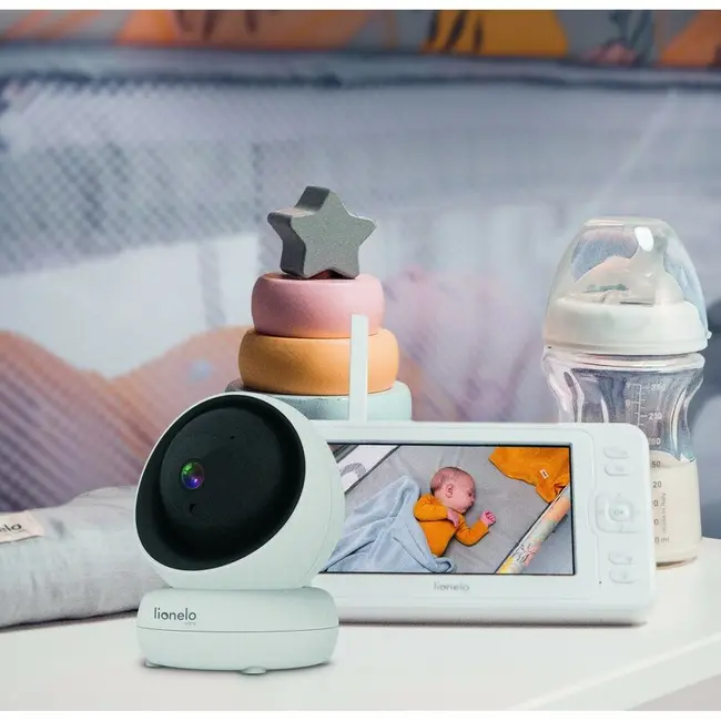 Lionelo - Videofon Babyline 8.3, Cu termometru, Cu melodii, Comunicare in 2 sensuri, Rotire 360 grade, Alb BYNLOC-BABYLINE_8.3_WHITE