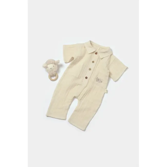 Salopeta cu maneca scurta si nasturei Sheep, 100% bumbac - Stone, BabyCosy (Marime: 12-18 Luni) JEMBC-CSYM7039-12