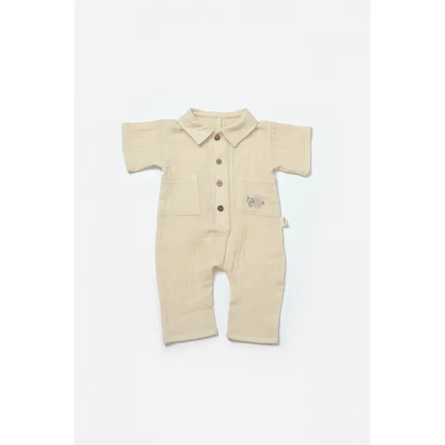 Salopeta cu maneca scurta si nasturei Sheep, 100% bumbac - Stone, BabyCosy (Marime: 18-24 Luni) JEMBC-CSYM7039-18