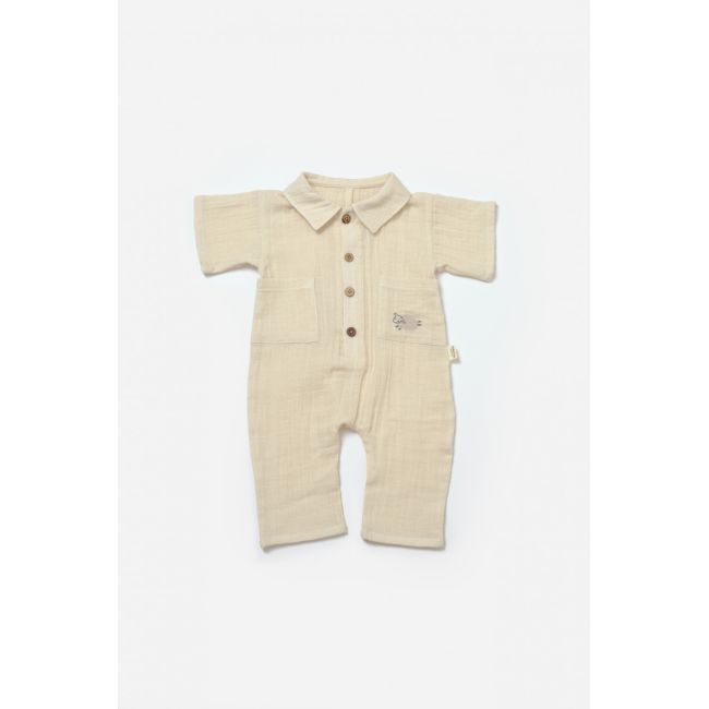 Salopeta cu maneca scurta si nasturei Sheep, 100% bumbac - Stone, BabyCosy (Marime: 6-9 luni) JEMBC-CSYM7039-6